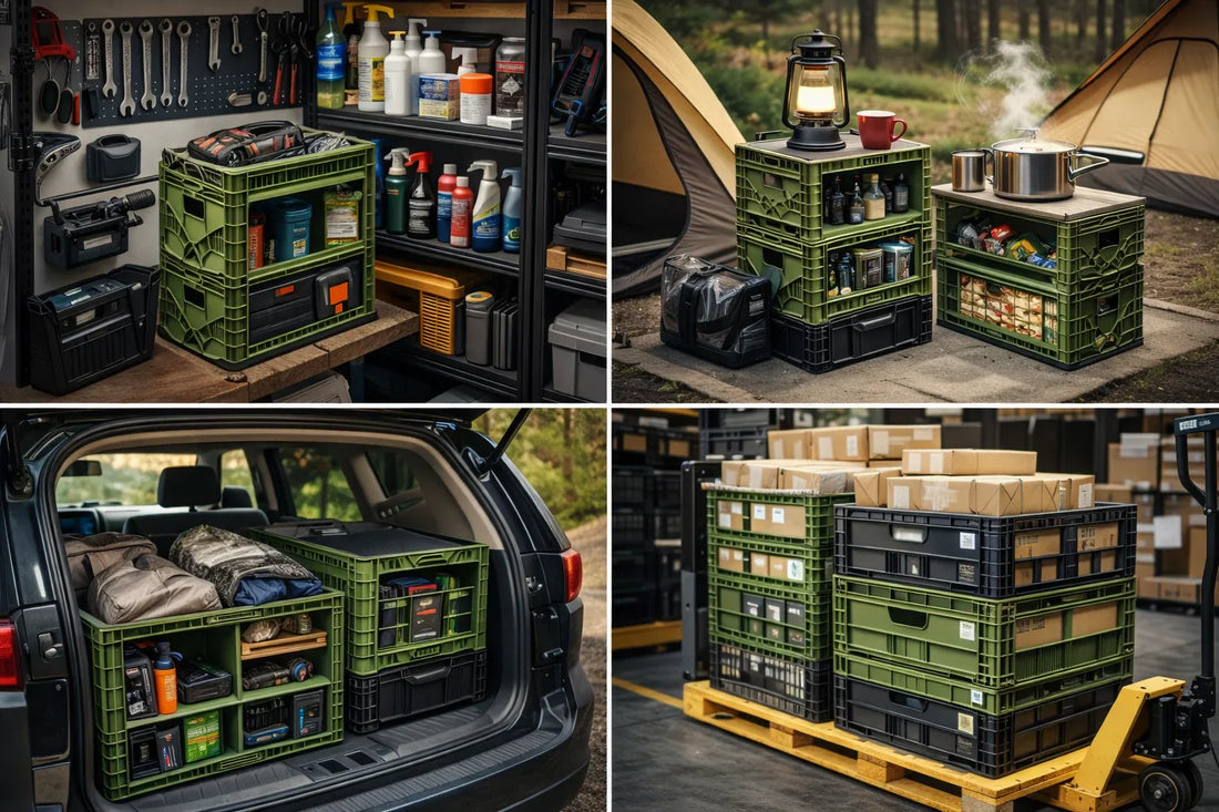collapsible storage crates used for garage storage camping gear and van life organization