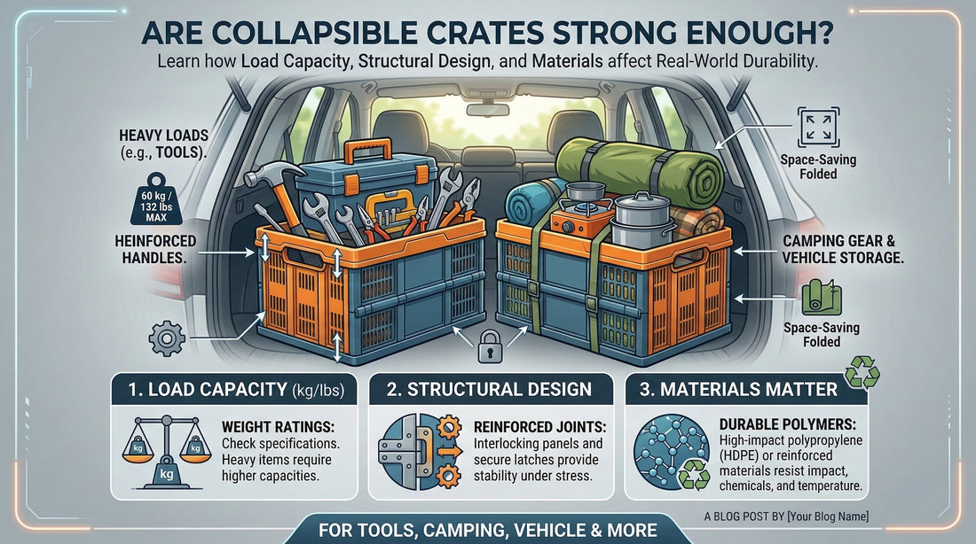 heavy duty collapsible storage crate holding tools and camping gear demonstrating structural strength