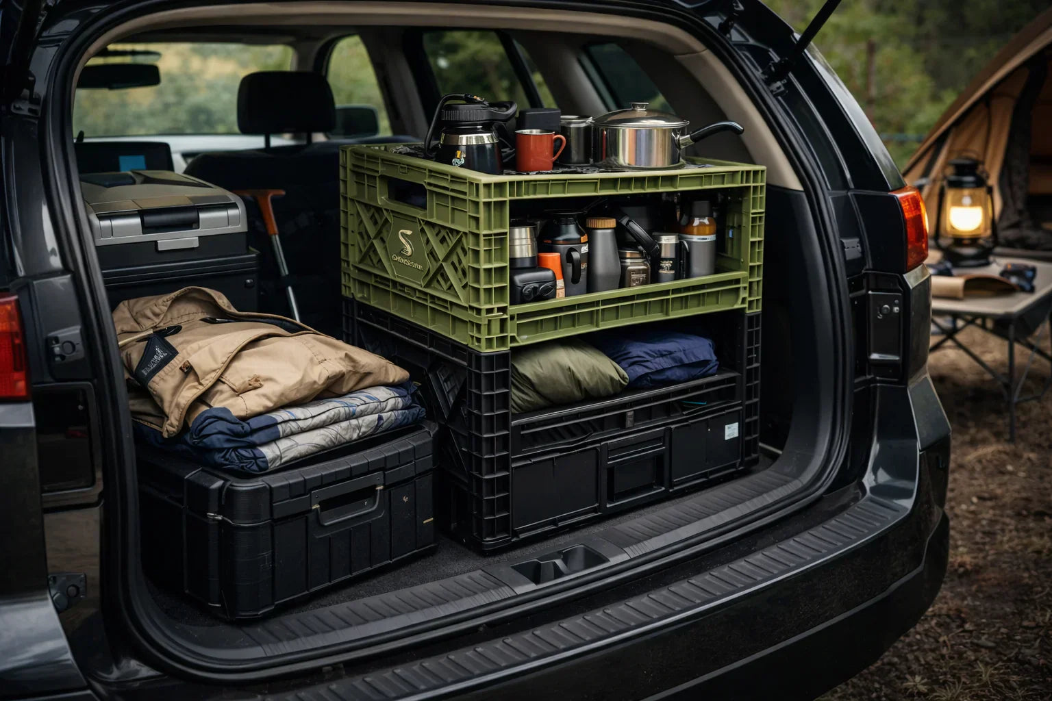 collapsible storage crates used for camping gear organization and overlanding vehicle storage