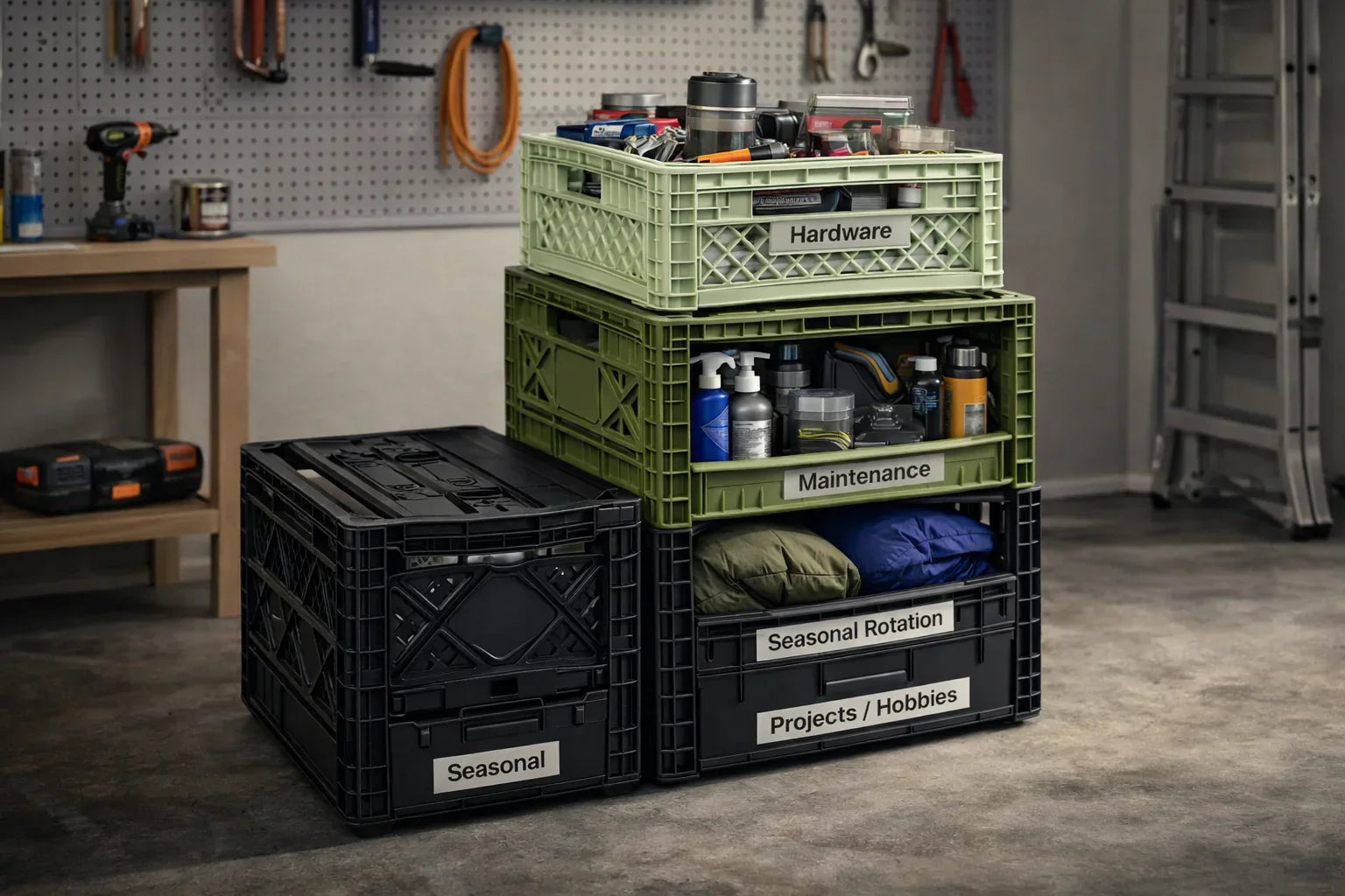 StackPro collapsible storage crates used for garage organization and modular storage system