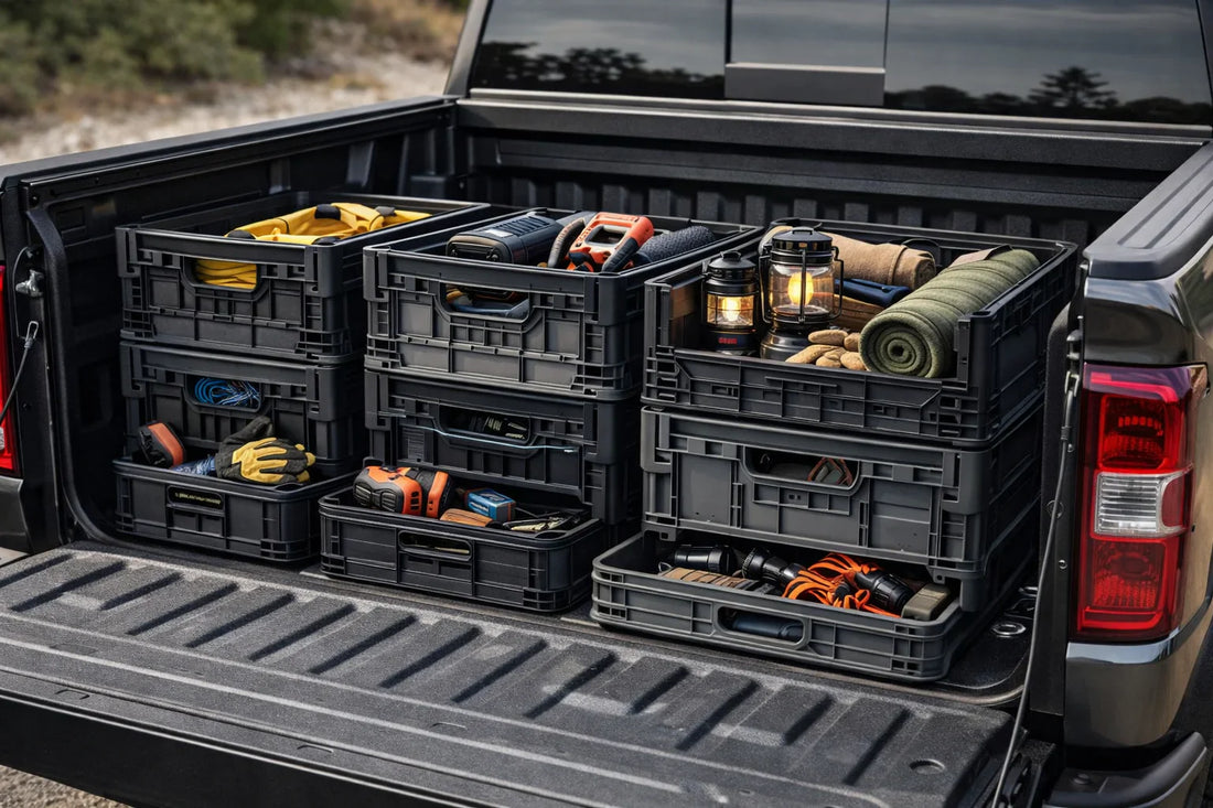 modular collapsible storage crates organized inside a pickup truck bed for tools camping gear and cargo storage