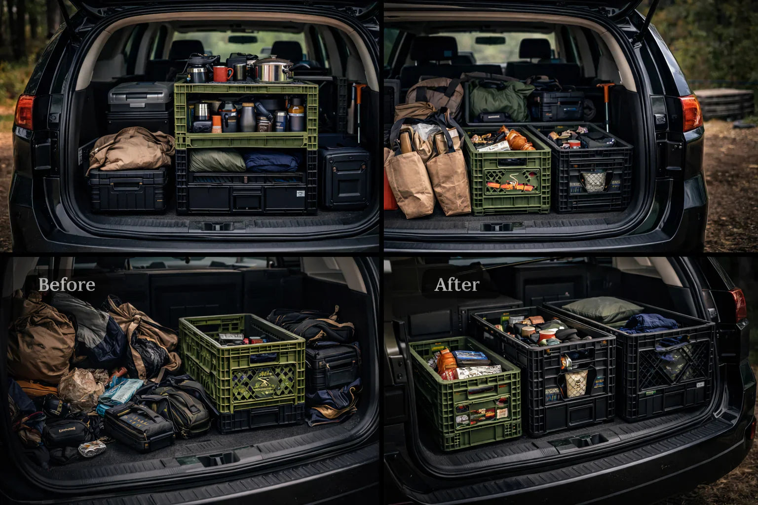 collapsible storage crates organizing a car trunk for efficient vehicle storage