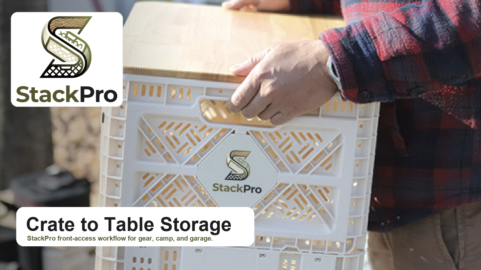 StackPro crate to table storage system with logo and rubberwood tabletop