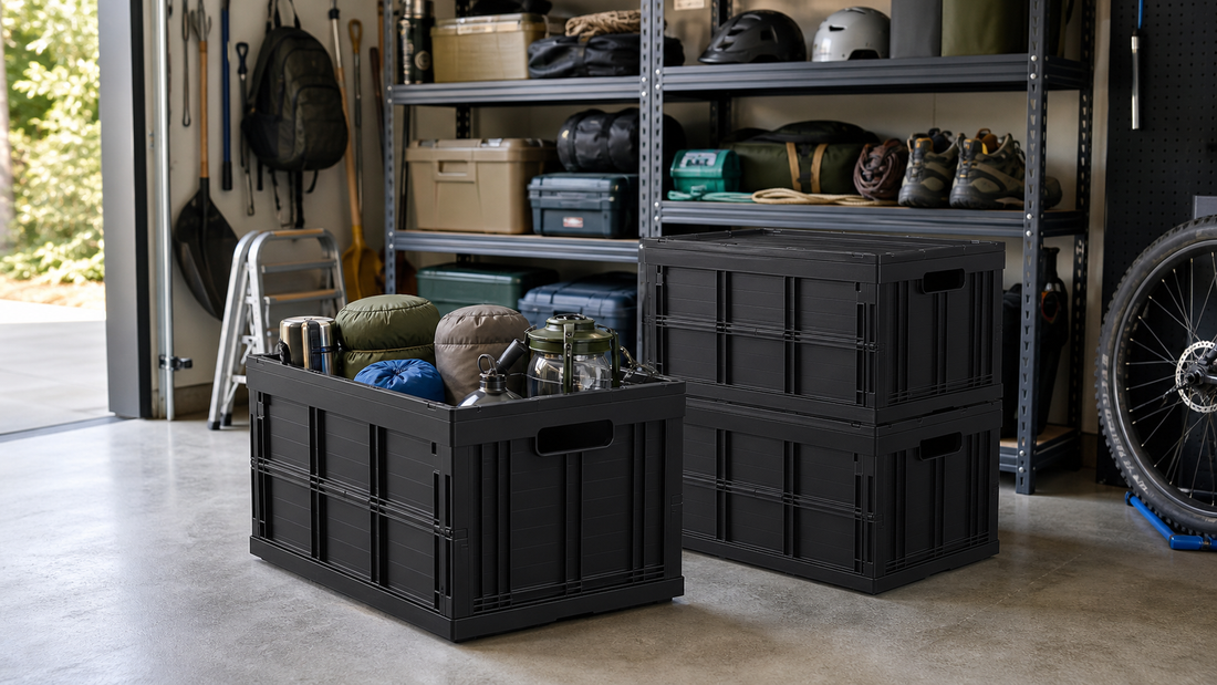 Heavy duty collapsible storage crates in a modular garage storage system