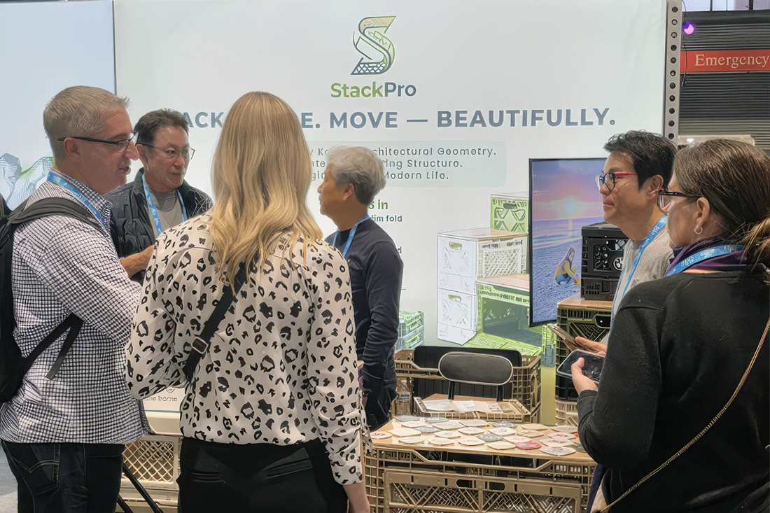 StackPro modular collapsible storage crates displayed at The Inspired Home Show 2026 Chicago trade show booth with visitors exploring the stacking system